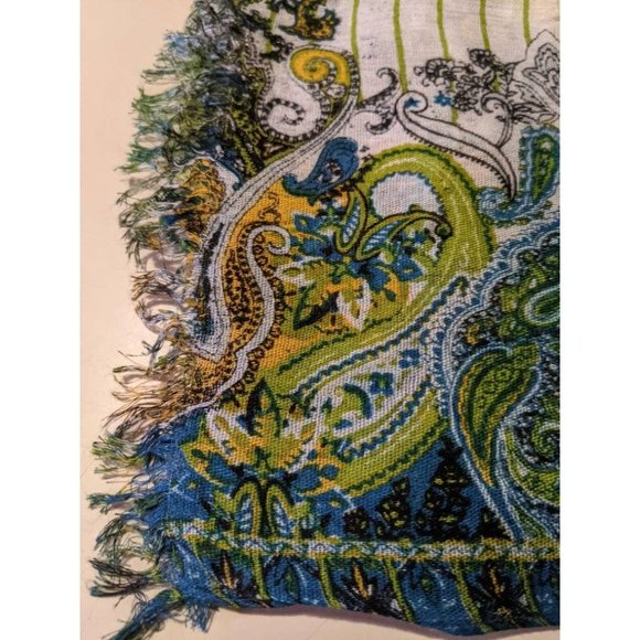 Vtg 70s Blue Green Yellow Boho Scarf with Fringe | Hippie Abstract Paisley Wrap - Picture 4 of 4